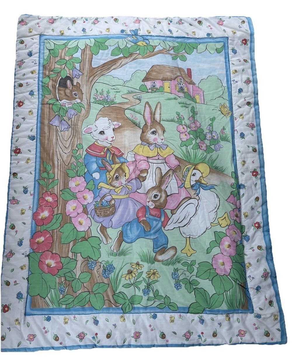 Vintage Reversible Rabbit Bunny Goose Baby Quilt Blanket Crib Comforter